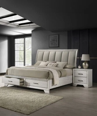 3Pc King Size Platform Storage Bed 2x Nightstand Set White Cream Solid Wood - Image 1 of 4