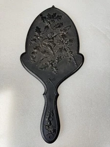 Antique Vintage DIATITE Gutta Percha Vanity Hand Mirror Acorn Dragonfly Cherub - Picture 1 of 24