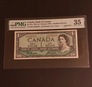 RARE SOLID SERIAL NUMBER 1954 Bank of Canada $1 Banknote. PMG Graded. SOLID 2'S - Picture 1 of 2