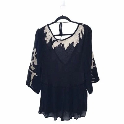 Ecote Black Laced Deep V Open Back Blouse Small - Image 1 of 4