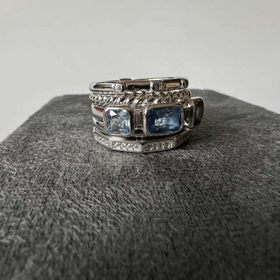 David Yurman 925 Sterling Silver Blue Topaz Multi-Row Metro Ring – US Size 8 - Image 1 of 4