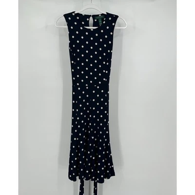 Vestido midi Lauren Ralph Lauren Old Money para mujer talla 6 lunares elegante azul marino Foto 1 de 4