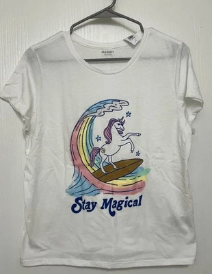 NWT Girls Old Navy Short Sleeve Stay Magical Surfin Unicorn Glitter Tee Size XXL - Image 1 of 4