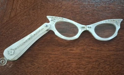 Vintage Rhinestone Folding Cat Eye Lorgnette Glasses Opera Reader Mid Century - Image 1 of 4