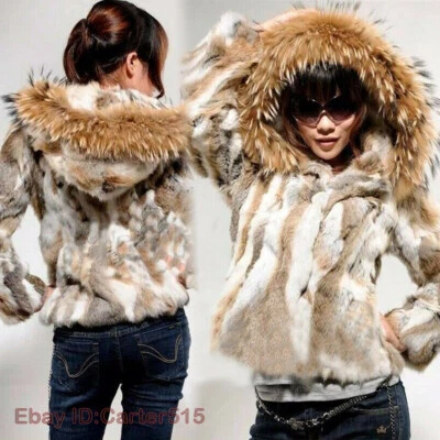 Mujeres Abrigo 100% Piel de Conejo Real Piel de Mapache Capucha Chaqueta Abrigo Parka Prendas de abrigo Foto 1 de 4