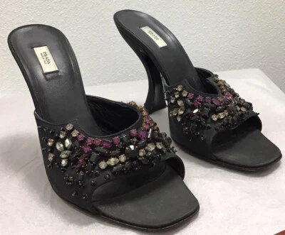 Prada Negro Púrpura Estrás Correa Mula Curve Tacón Talla 39 Foto 1 de 4