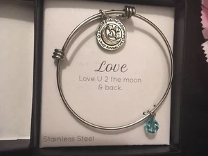 Love You To The Moon & Back NWT Bracelet Aquamarine March Charm Adjustable Size - Picture 1 of 7
