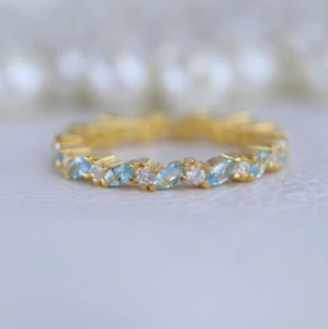 Anello Fede Nuziale Acquamarina Diamante Oro Giallo Oltre Argento 925 Misura N 1/2 - Foto 1 di 8