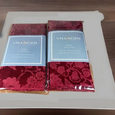 8 NEW Villager Liz Clairborne Red Floral Brocade Damask Napkins Cotton Polyester - Image 1 of 4