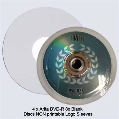 Arita DVD-R 8x Blank Disc 4.7gb Ritek G05 120 min NON printable Logo Sleeves x 4 - Image 1 of 4