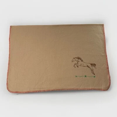 Vintage Embroidered Horse Fleece Throw Blanket 47x33” Tan Red Trim Made in China - Image 1 of 4