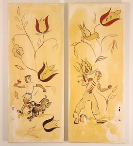 VINTAGE 1950s HAND PAINTED KITCHEN CABINET DOORS MID-CENTURY ART PAINTINGS - Picture 1 of 7