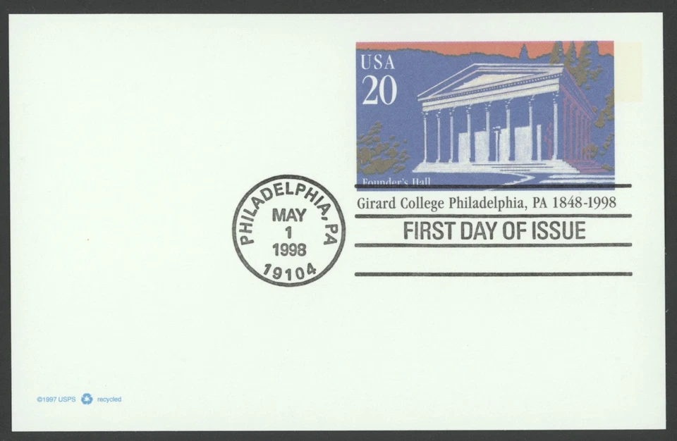 1998 US Scott #UX292 20c Girard  College Postal Card, FDC - Image 1 of 1