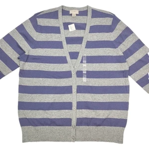 Ann Taylor Loft Cardigan Sweater Purple Gray Stripe Size XL 3/4 Sleeve NEW Shirt - Picture 1 of 16
