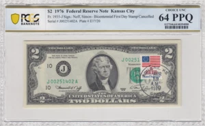 $2 1976 FED RES NOTE KC FR.1935J Sign: Jeff, Simon Bicent FDOI & July 4th 64 PPQ - Picture 1 of 2