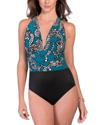 NUEVO CON ETIQUETAS $152 TRAJE MÁGICO por MIRACLESUIT Yves Paisley 1 pieza Halter, Verde, Talla 10 12 14 Foto 1 de 2