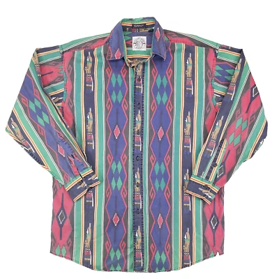 Vintage Gant Salty Dog Aztec Striped Western Shirt Mens Medium Red Purple Green - Image 1 of 4