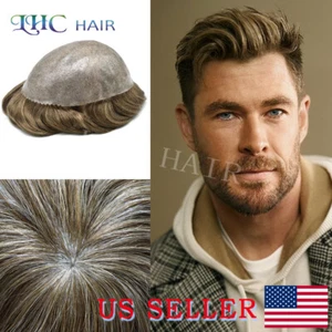 Full PU Mens Toupee Human Hair Replacement System Black Grey Brown Hairpiece Wig - Picture 1 of 78