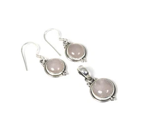 925 Solid Sterling Silver Pink Rose Quartz Earring Pendant Set p646 - Picture 1 of 4