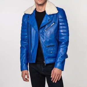 Men Blue Stylish Sheepskin Biker Zipper Fashion Fur Jacket - Picture 1 of 4