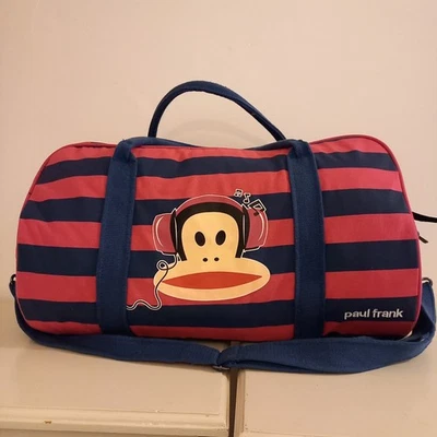 PAUL FRANK Y2K Blue Pink BIG LOGO Monkey Striped Overnight Barrel Gym Bag — 第 1/4 张图片