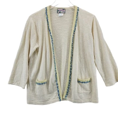 Cárdigan Suéter April Cornell Mezcla Lino Floral y Terciopelo Mediano Marfil Foto 1 de 4