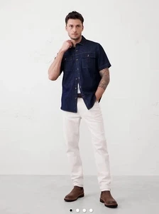 Neu mit Etikett Banana Republic authentisches indigoblaues SS geknöpftes Herrenhemd dunkle Spülung Größe XXL - Bild 1 von 2
