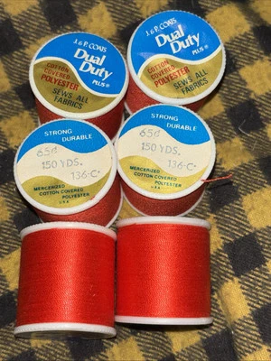 6 Lot New J&P Coats Dual Duty Thread #136-C Devil Red Sews All Fabrics 150 Yd Ea - Image 1 of 3
