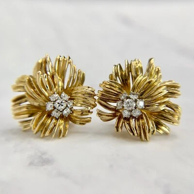Retro 18K Yellow Gold Old European Cut Diamond Chrysanthemum Flower Earrings - Image 1 of 4