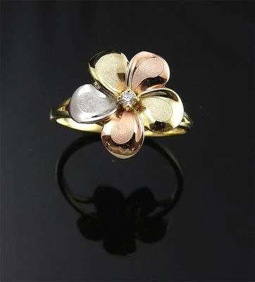 ANILLO FLOR PLUMERIA DE LUJO ÚNICO HAWAIANO ORO TRICOLOR 14K SÓLIDO 15 MM Foto 1 de 3