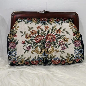 Vintage Floral Tapestry Clutch Bakelite Frame Embroidered Detail 8” X 6” - Picture 1 of 9