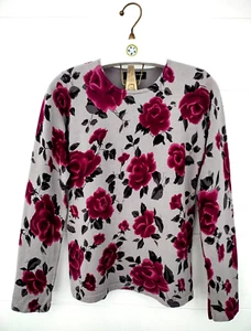 Jones New York Gray Burgundy Rose Print Sweater M Silk Blend Long S - Picture 1 of 12