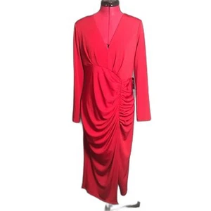 Express Dress Women’s Size Large Red Long Sleeve V-Neck Ruched Waist NWT - Picture 1 of 8
