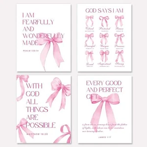 4PCS Coquette Pink Bow Wall Decor Set, Bible Verse Prints 10x8" for Girls - Picture 1 of 6