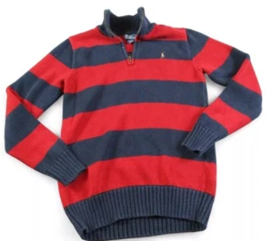 VINTAGE POLO By Ralph Lauren 1/4 Zip Sweater Youth Large Red Blue Striped Knit - Picture 1 of 11