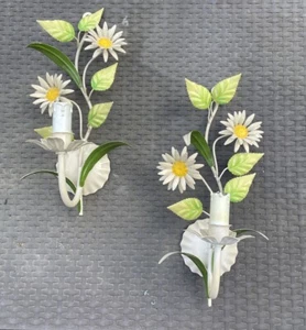 Vintage Toleware Daisy Wall Sconce Pair French Metal Tole Flower Mid century - Picture 1 of 23