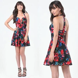 BEBE FLORAL PRINTED HALTER BACK CRISSCROSS DRESS NEW $129 XSMALL XS SMALL S 4 - Picture 1 of 5