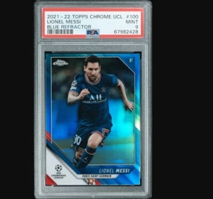 Lionel Messi 2021-22 Topps Chrome UCL Blue Refractor /150 PSA 9 MINT - Bild 1 von 2