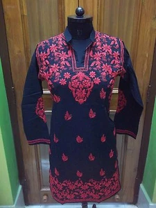 HANDMADE KURTA S 39" ETHNIC CHIKAN EMBROIDERY 100% COTTON BLOUSE TOP KURTI TUNIC - Picture 1 of 7