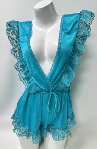 Vintage Pandora Lingerie by Chic Teddy Bodysuit Sz M Blue Satin Lace USA - Picture 1 of 17