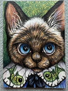 ACEO ORIGINAL ART Cat “Miss Meezie’s New Frock” Artist Elizabeth Richards, 2024 - Picture 1 of 5