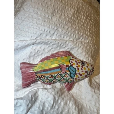 MacKenzie-Childs Ceramic Fish Knob 5in Colorful Checker Pink Pull Handle - Image 1 of 4