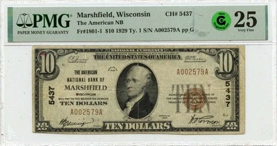 1929 Ty.1 $10 American Natl Bank Marshville WI CH#5437 PMG VF25 GCC Green - Image 1 of 2