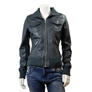 Feminin Touch Women's Turq Blue Distressed Leather Slim Fit Bomber Biker Jacket - Picture 1 of 9