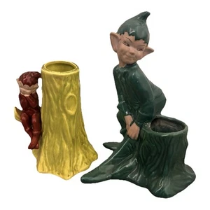 Vtg 1951 Gilner Pixie Elf Green And Yellow Tree Trunk Planter Matte Face Lot 2x - Picture 1 of 11