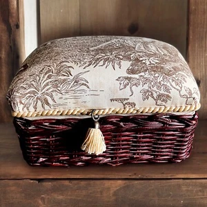 Toile Fabric Jewelry Box Wicker Tassel French Country Vintage 6x9x6 Gold White - Picture 1 of 7
