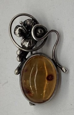 Spilla Spilletta Fatto a Mano Argento Ambra Vintage Stile Liberty Antico - Immagine 1 di 4