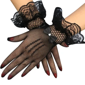 Bridal Wedding Etiquette Gloves Sheer Fishnet Full Finger Mittens Soft Elastic @ - Picture 1 of 13