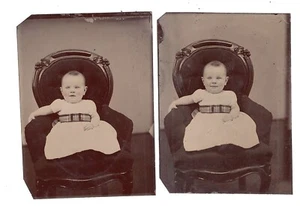 EXCELLENT 1870s SET Two 1/6 Plate Tintypes Cute Baby Tinted Cheeks - Picture 1 of 6