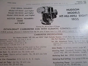 ORIGINAL 1935 Hudson Model HT HU HHU Eights Carter Carbureter Spec - Picture 1 of 1